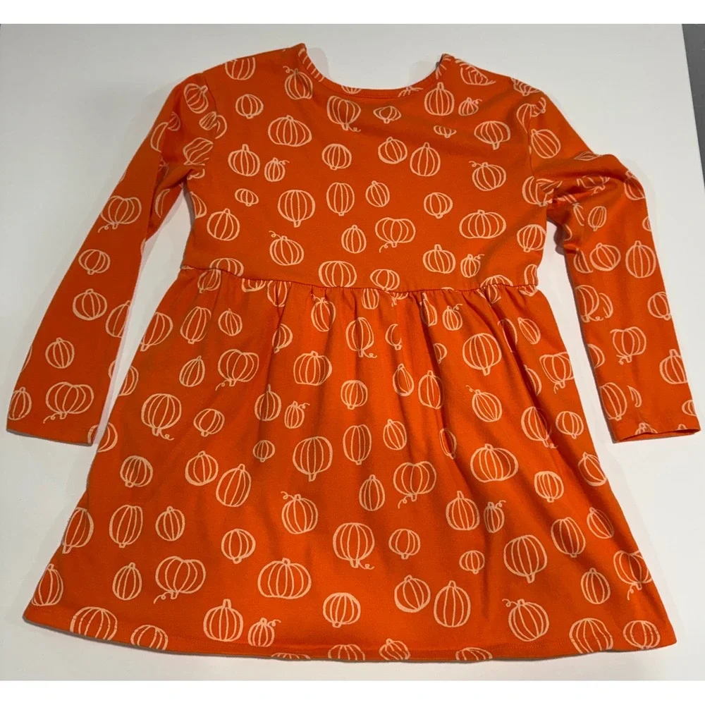 Cat & Jack Girls Orange Pumpkin Print Long Sleeve Knit Dress Size S 6/7 Fall